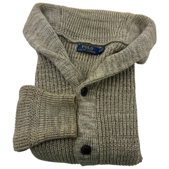 Polo Ralph Lauren Brown & Green Thick Knit Shawl Neck Cardigan Sweater Cotton XL - Picture 1 of 6